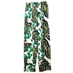 Lobo Rosa Tropical Satin Pant Green White Elastic Waist Wide Leg Womens Medium